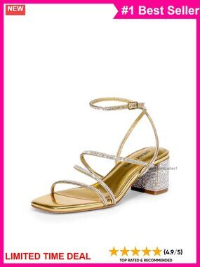 Strappy Block Heel Sandals Square Toe Rhinestone Dress Heels